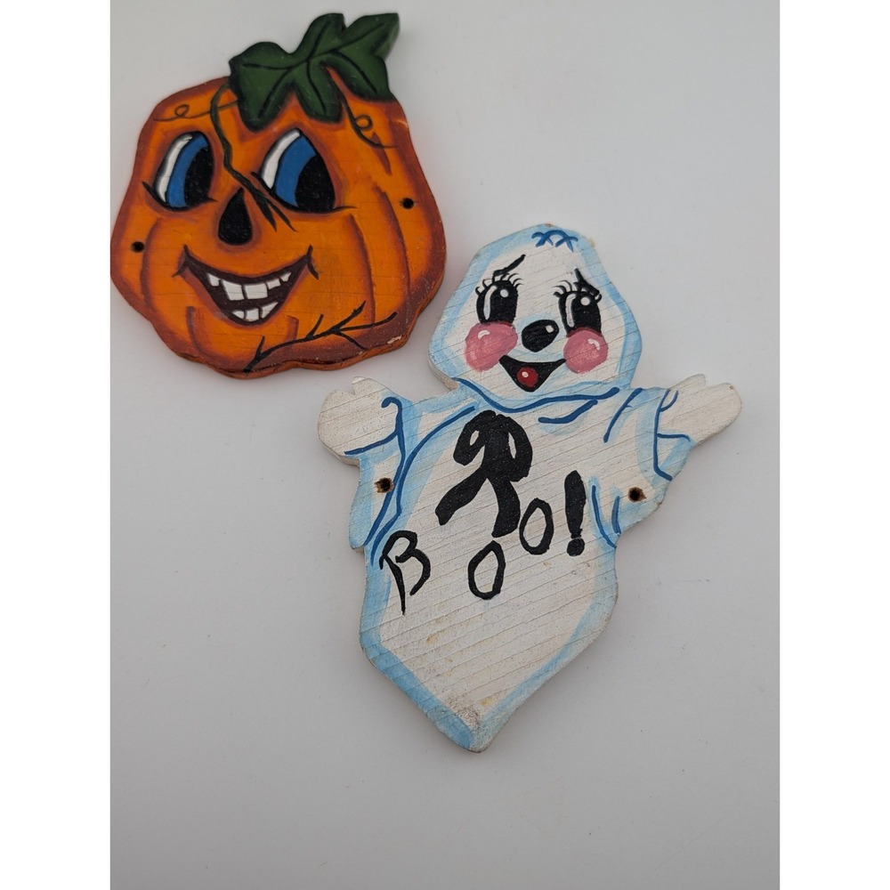Vintage 2Pcs Wooden Ghost Pumpkin Halloween Decorations 5 Inches